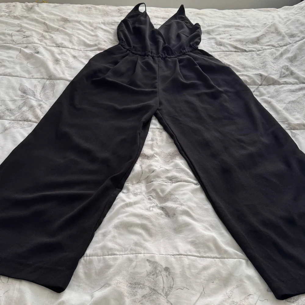 H&M Conscious Black wide leg spaghetti straps jumpsuit with pockets, size 4